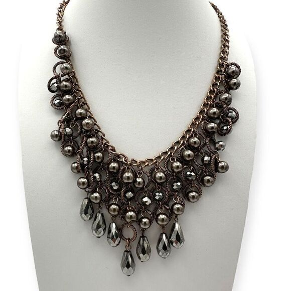 Statement necklace silver toned with balls and circles heavy 20 inches matinee - Picture 2 of 5